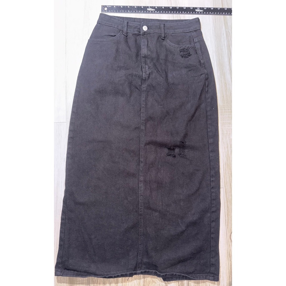 SHEIN Womens Distressed Black Denim Maxi Skirt Size 6 Long Ripped Cotton Slit